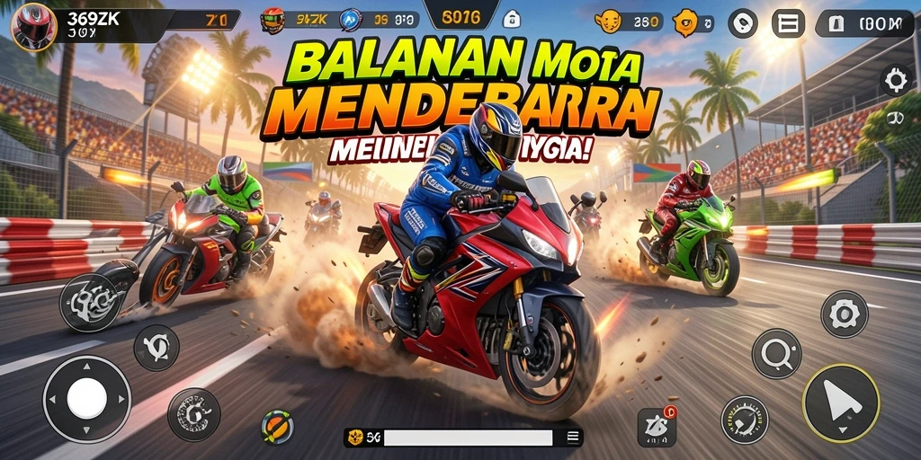 Screenshot 369ZK menunjukkan aksi balapan motor yang mendebarkan.