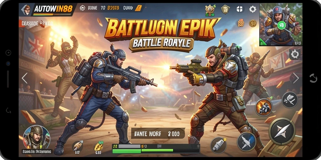 Screenshot utama AUTOWIN88 menampilkan aksi pertempuran seru Battle Royale.