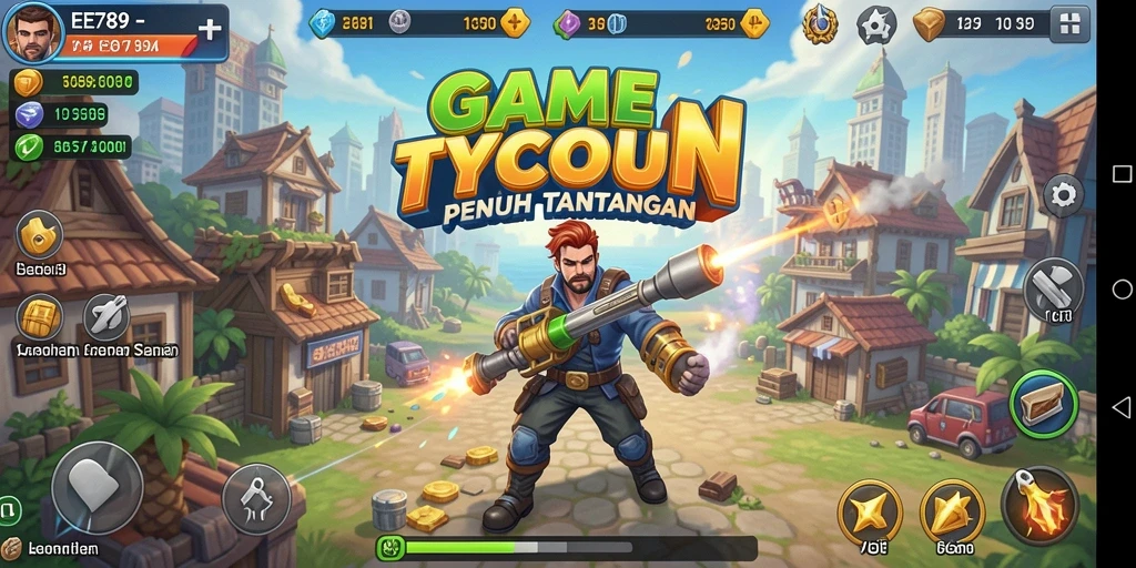 Screenshot gameplay EE789 menampilkan antarmuka manajemen bisnis yang intuitif.