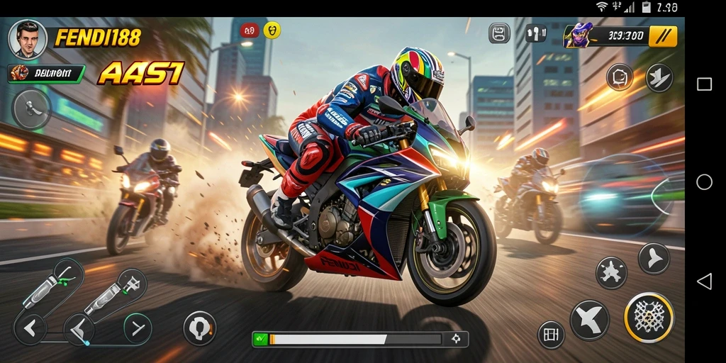 Tampilan gameplay FENDI188 dengan balapan motor yang intens.