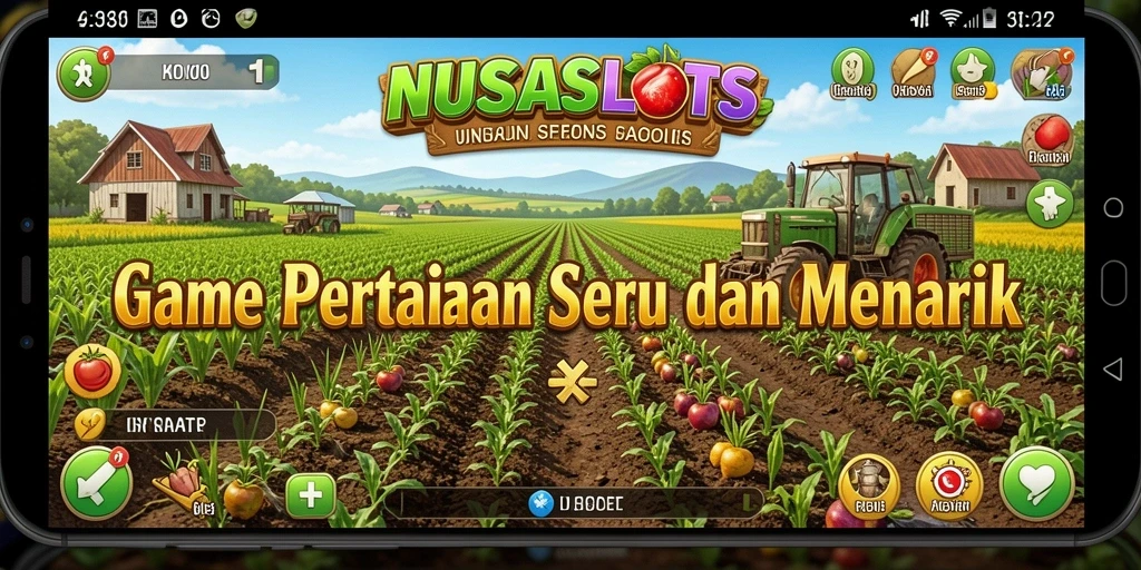 Tampilan gameplay menarik di NUSASLOTS dengan pertanian yang berwarna-warni.