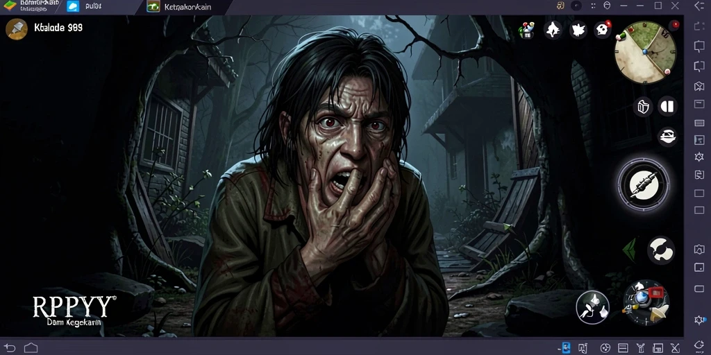 Tangkapan layar menunjukkan gameplay RPYYY dengan suasana kengerian yang mencekam.