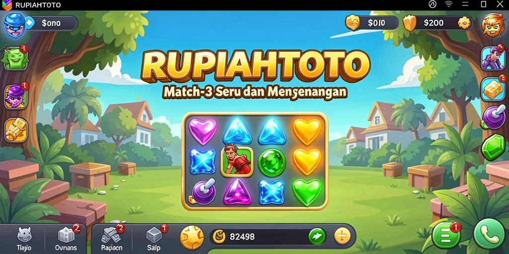 Screenshot gameplay RUPIAHTOTO menampilkan aksi Match-3 yang seru dan penuh warna.