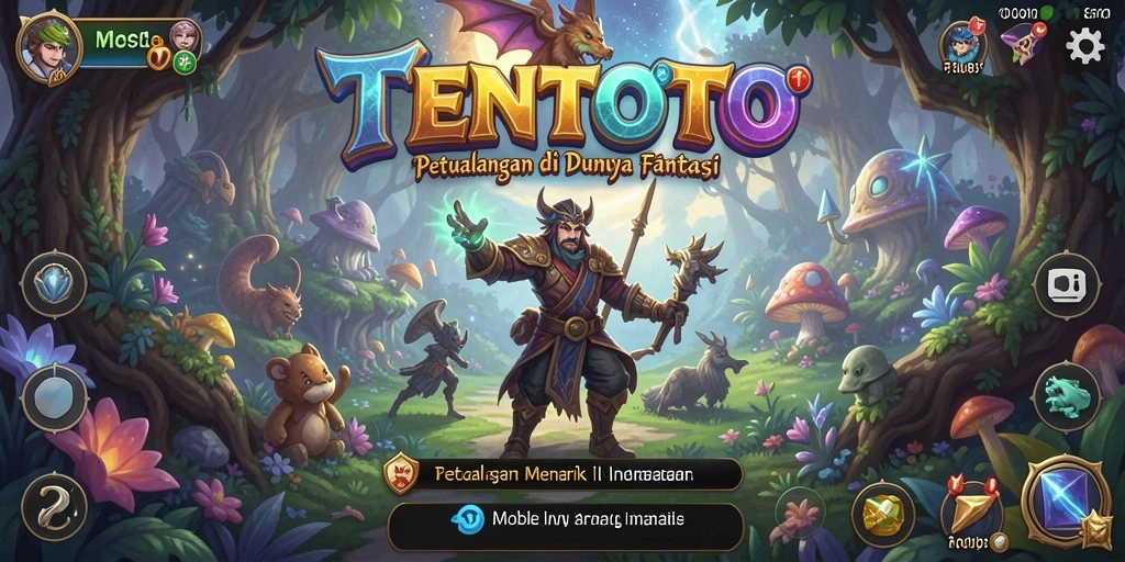 Screenshot TENTOTO menampilkan karakter dalam pertempuran epik di dunia fantasi.