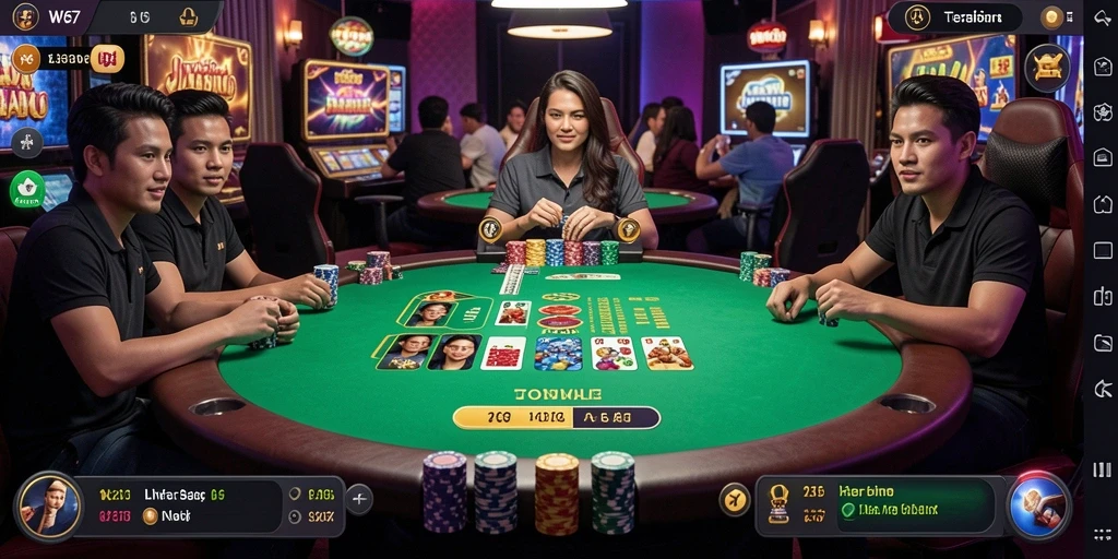 Screenshot W67 menunjukkan dealer yang ramah dan permainan kasino yang seru.
